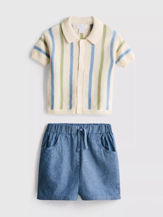 0–12 Monate | Set aus gestreiftem Strick-Polohemd und Shorts