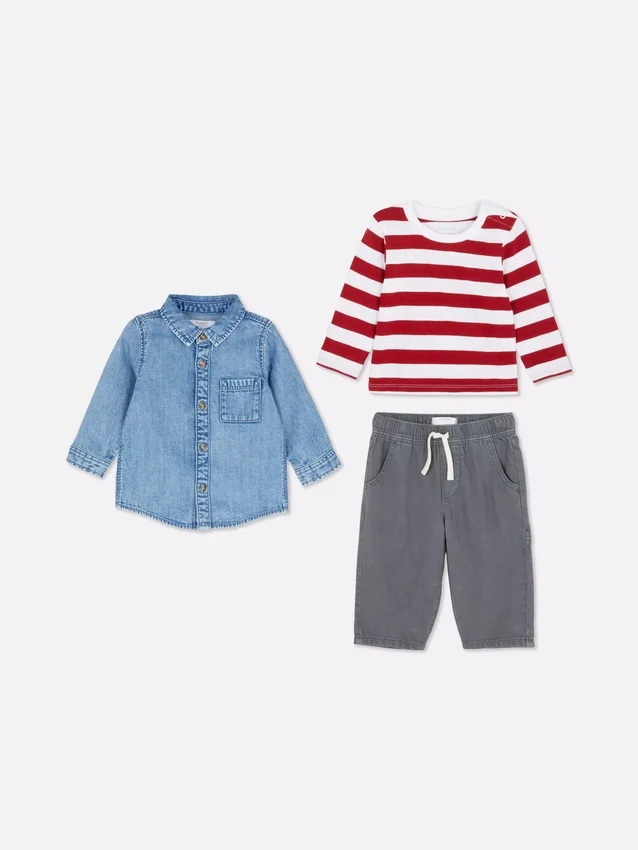0–36 Monate | Set aus Langarm-T-Shirt, Hose und Jeanshemd