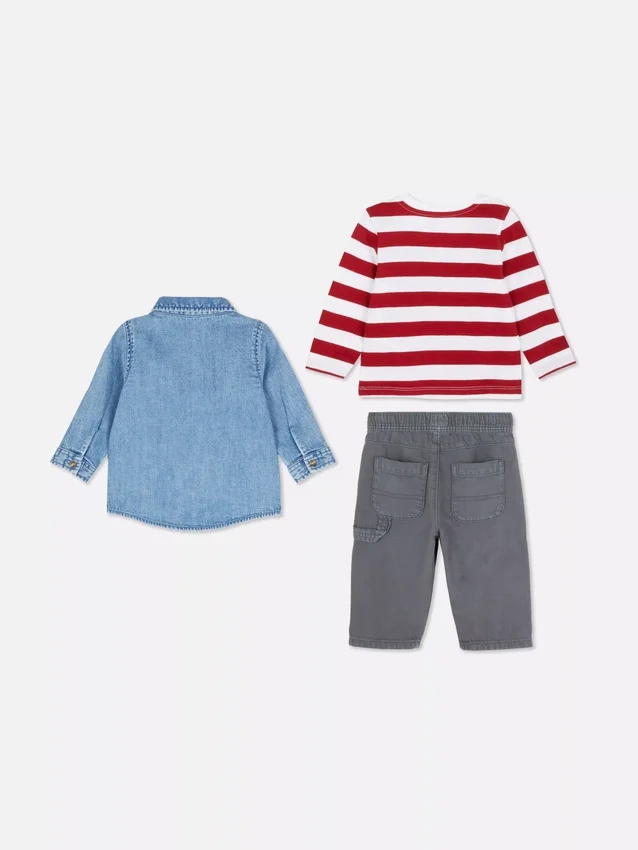 0–36 Monate | Set aus Langarm-T-Shirt, Hose und Jeanshemd