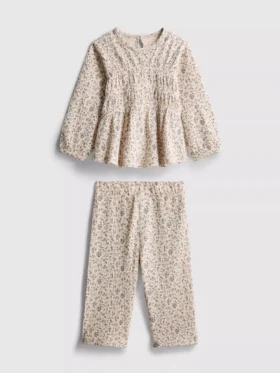 0–36 Monate | Set aus langärmeligem Oberteil und Hose mit Blumenmuster und Crinkle-Effekt