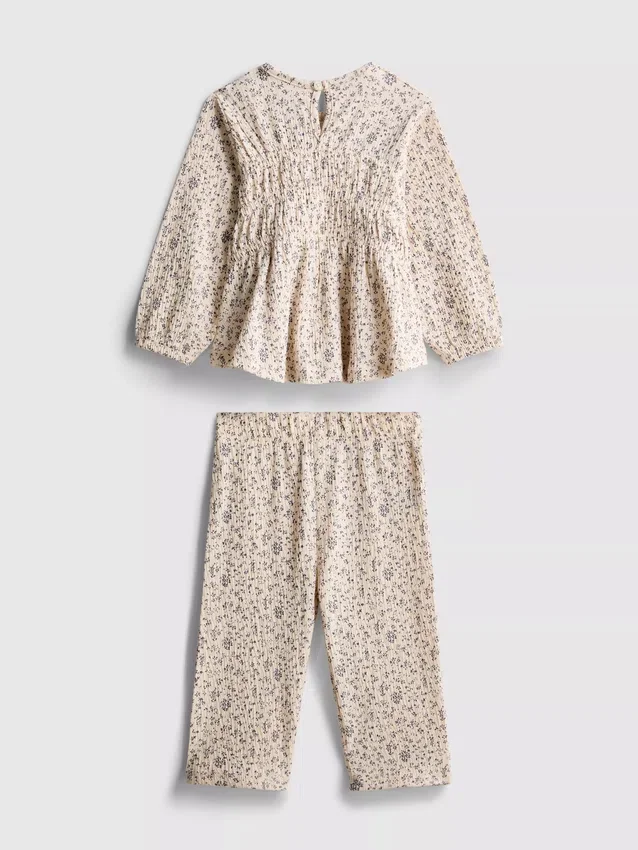 0–36 Monate | Set aus langärmeligem Oberteil und Hose mit Blumenmuster und Crinkle-Effekt