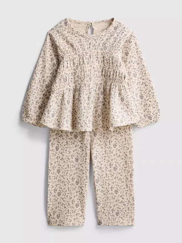0–36 Monate | Set aus langärmeligem Oberteil und Hose mit Blumenmuster und Crinkle-Effekt