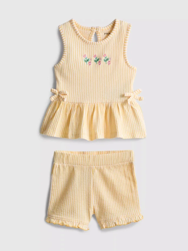 0–36 Monate | Set aus Oberteil mit gesticktem Blumenmuster und Peplum-Saum sowie Shorts