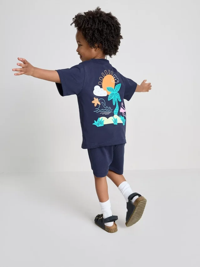 1,5–9 Jahre | Set aus T-Shirt und Shorts mit tropischem Grafik-Flockdruck