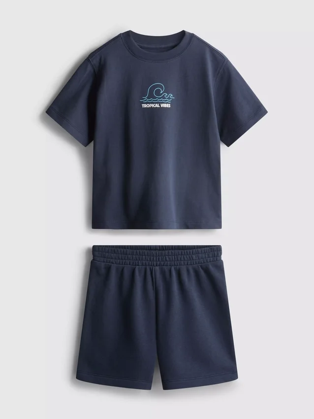 1,5–9 Jahre | Set aus T-Shirt und Shorts mit tropischem Grafik-Flockdruck