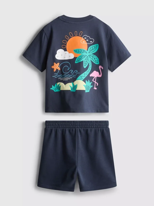1,5–9 Jahre | Set aus T-Shirt und Shorts mit tropischem Grafik-Flockdruck
