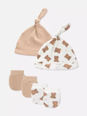 2er-Pack Teddybär-Mütze und -Fäustlinge für Neugeborene als Set