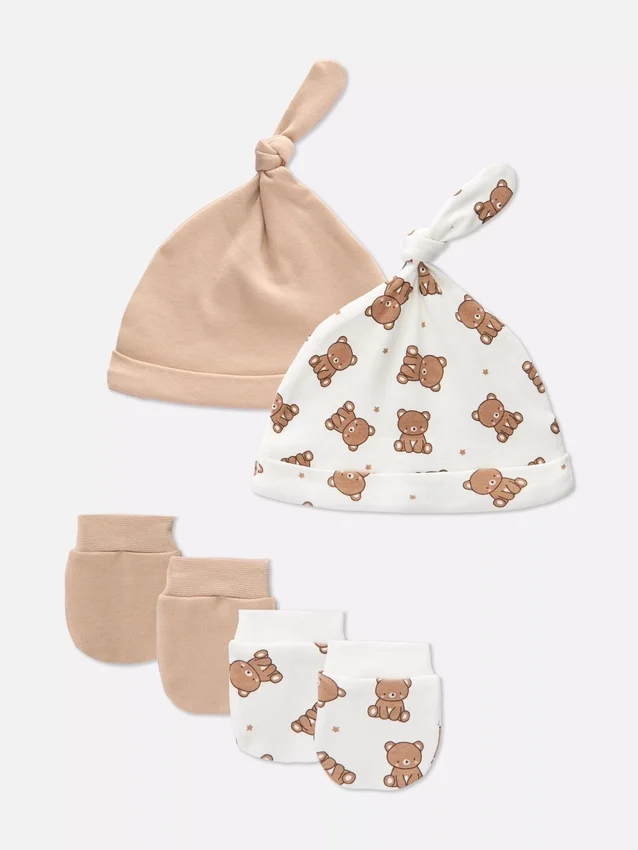 2er-Pack Teddybär-Mütze und -Fäustlinge für Neugeborene als Set