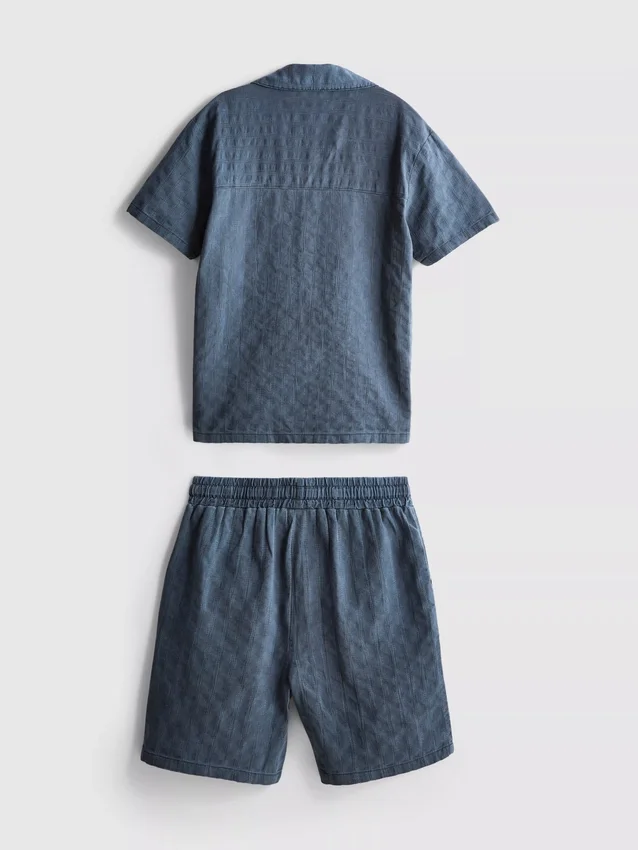 7–15 Jahre | Set aus strukturiertem Kurzarm-Hemd mit Knöpfen und Shorts