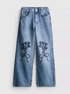 7–15 Jahre | Weite-Jeans mit gestickter Blumen-Schleife