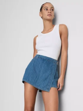 Asymmetrischer Wickel-Skort aus Baumwoll-Denim