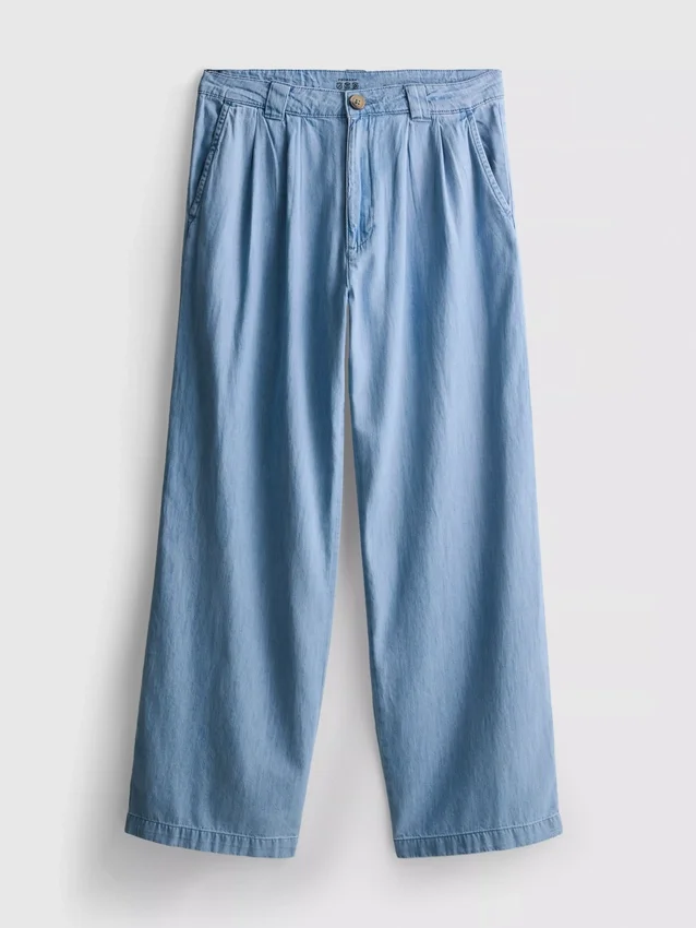 Baumwoll-Denim-Jeans mit Falten und weitem Bein