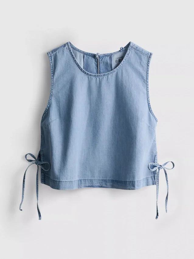 Baumwoll-Denim-Tanktop mit seitlichen Bindebändern