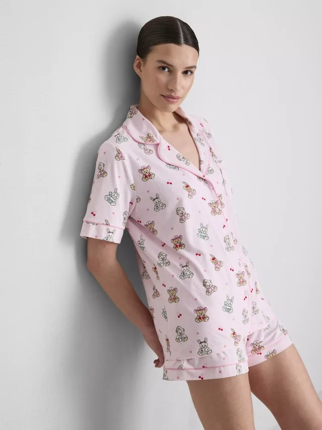 Bedruckter Teddy-Boyfriend-Shorty-Schlafanzug