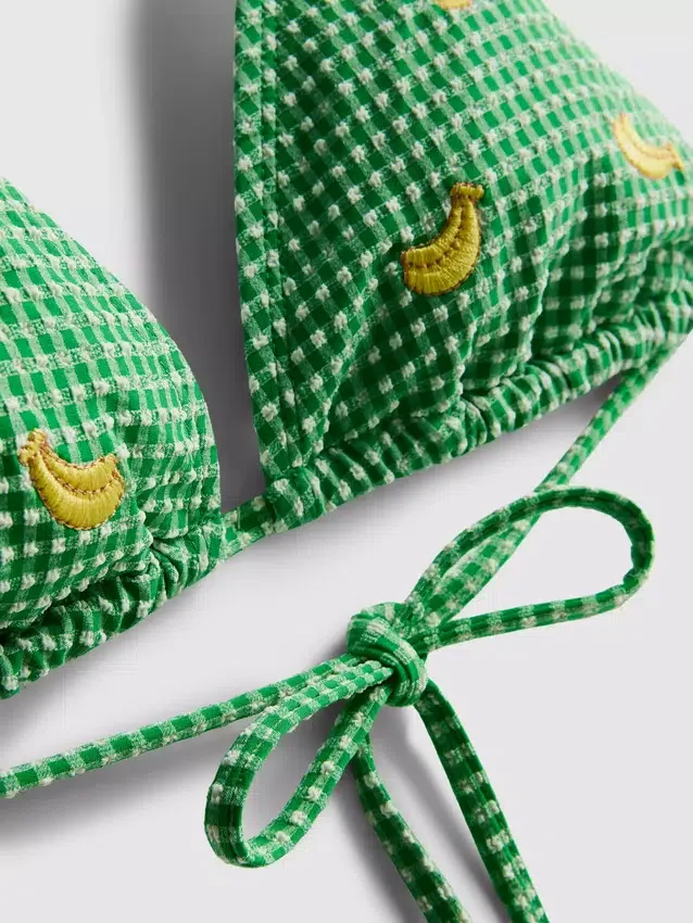 Bikini-Oberteil im Gingham-Muster mit Bananen-Stickerei