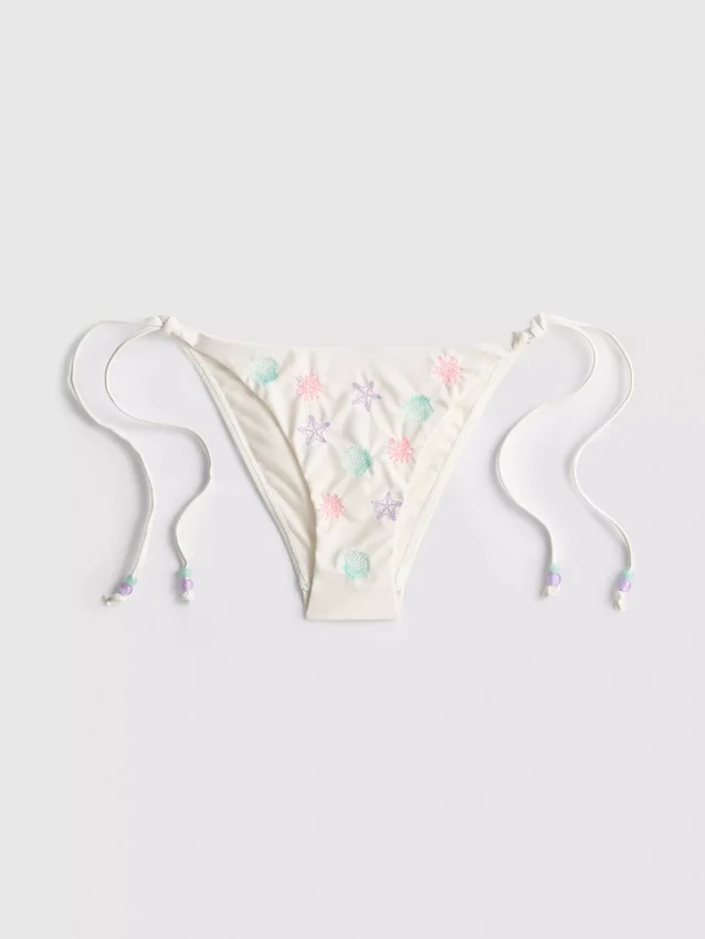 Bikini-Unterteil mit Muschelstickerei und seitlichen Bändern