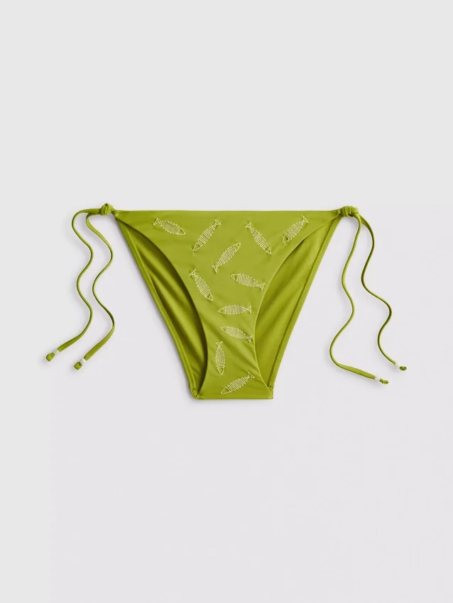 Bikini-Unterteil mit seitlichen Bindebändern und Stickerei