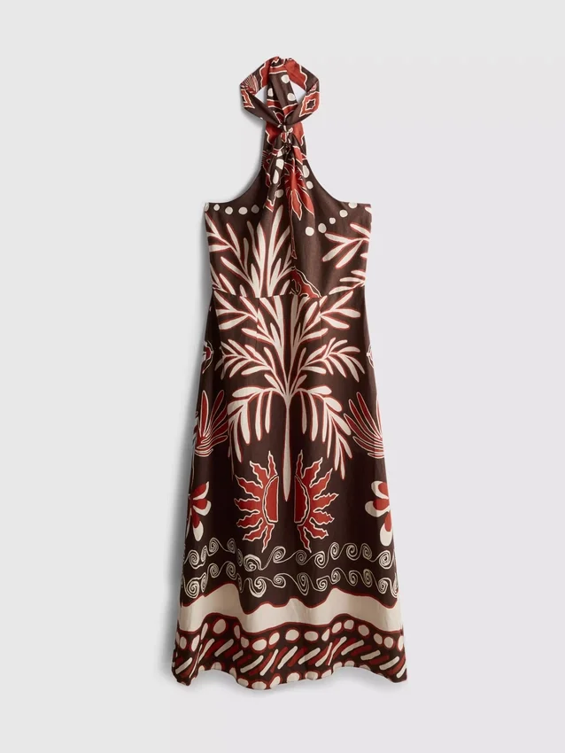 Das bedruckte Midi-Kleid mit Neckholder-Ausschnitt aus Leinenmischung von The Edit