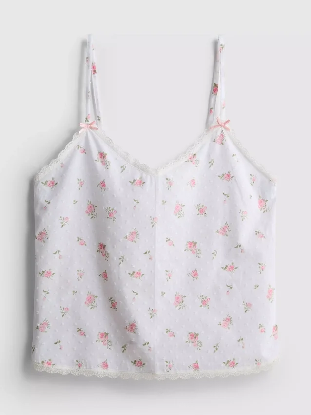 Dobby-Baumwoll-Schlafanzug-Top mit Blumenmuster