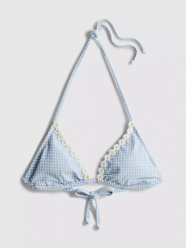 Dreieckiges Bikini-Oberteil aus Gingham mit Gänseblümchen-Borte