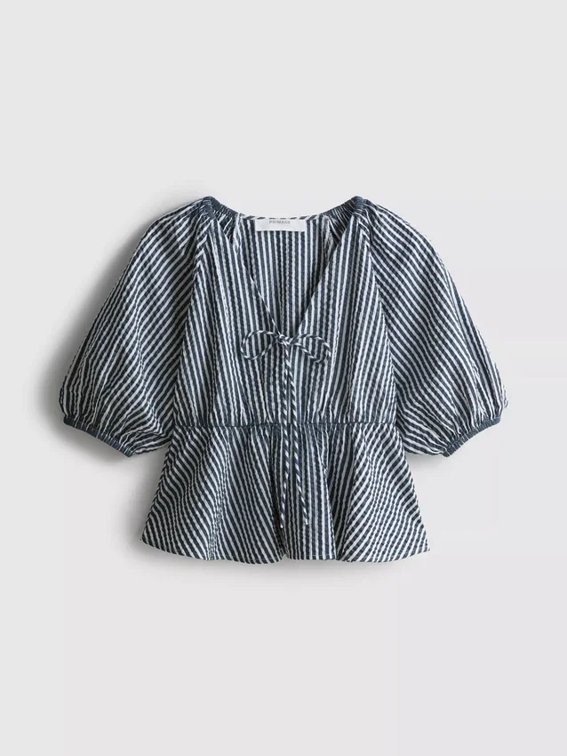 Gestreifte Seersucker-Bluse mit Puffärmeln von Paula Echevarría