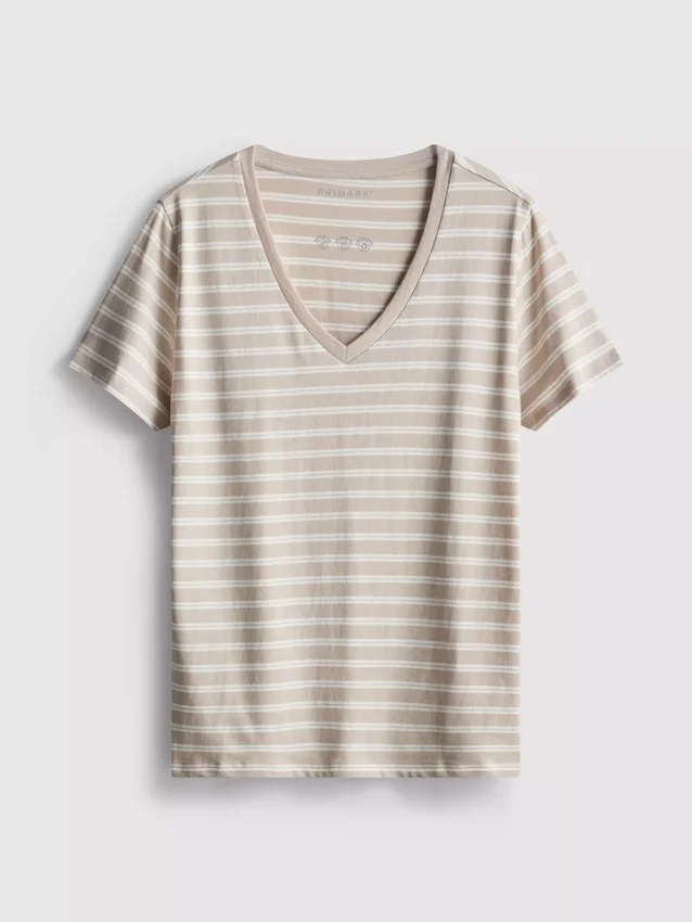 Gestreiftes Baumwoll-T-Shirt mit V-Ausschnitt