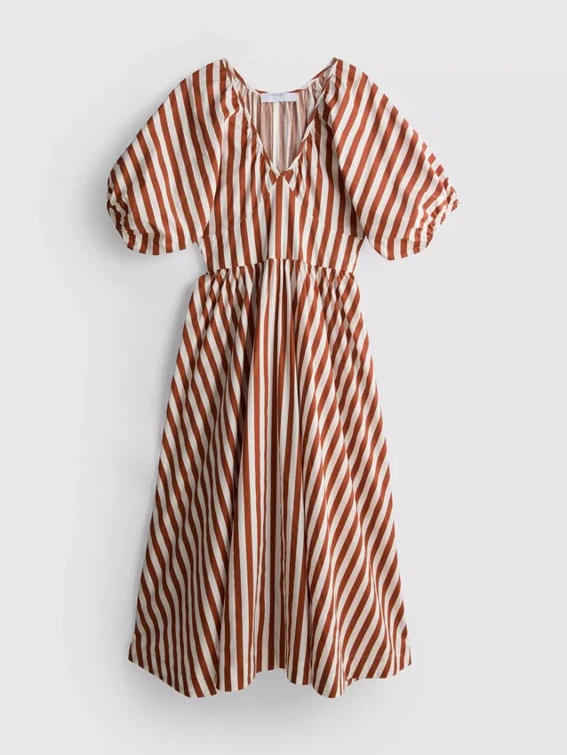 Gestreiftes Midaxi-Smockkleid aus Baumwolle