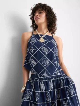 Halter-Bluse aus Baumwolle mit Cutwork-Muster