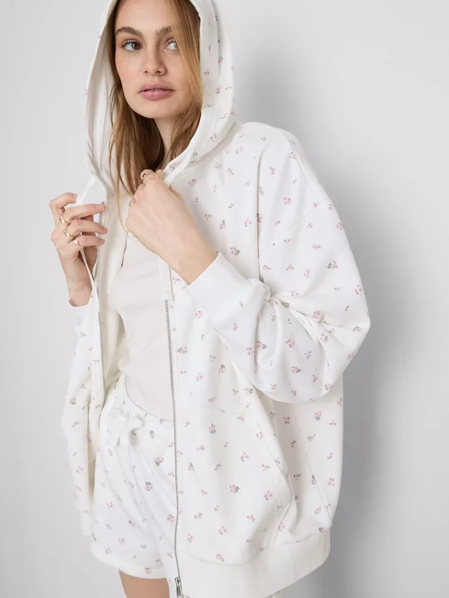 Hoodie mit durchgehendem Reissverschluss aus baumwollreichem Stoff mit Blumenmuster