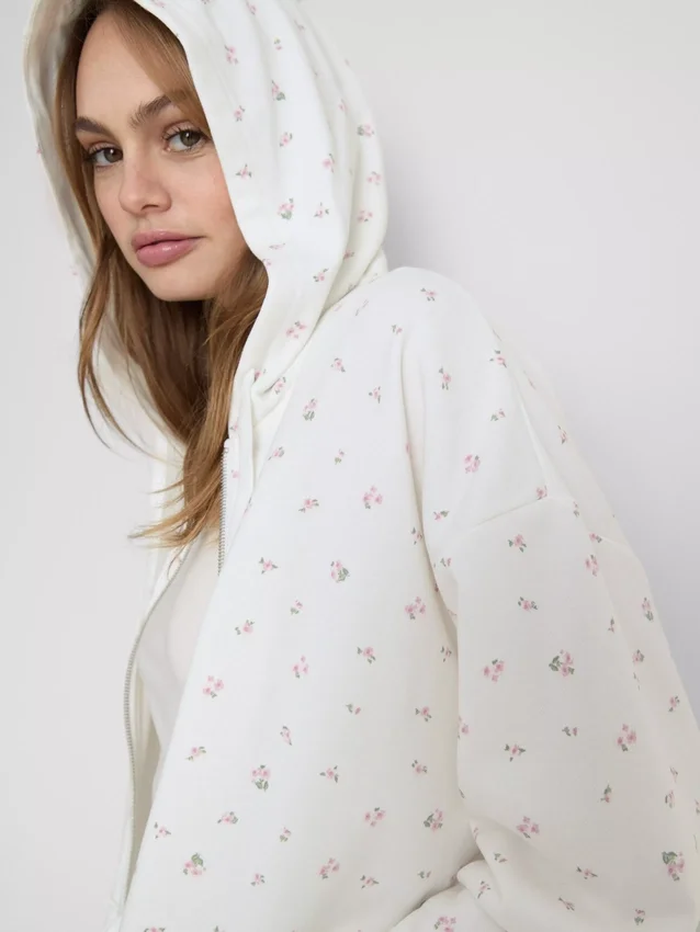 Hoodie mit durchgehendem Reissverschluss aus baumwollreichem Stoff mit Blumenmuster