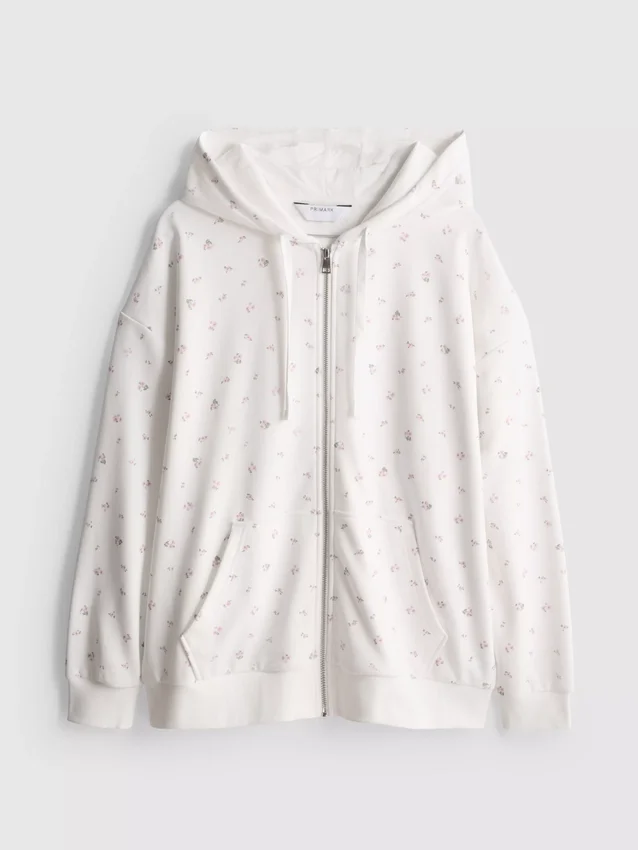 Hoodie mit durchgehendem Reissverschluss aus baumwollreichem Stoff mit Blumenmuster