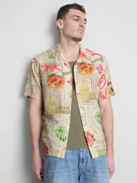 Kurzarm-Hemd mit Knöpfen und «Tropical Postcard»-Motiv