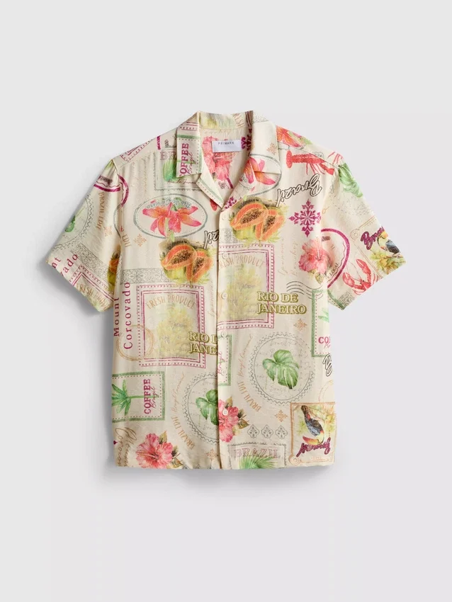 Kurzarm-Hemd mit Knöpfen und «Tropical Postcard»-Motiv