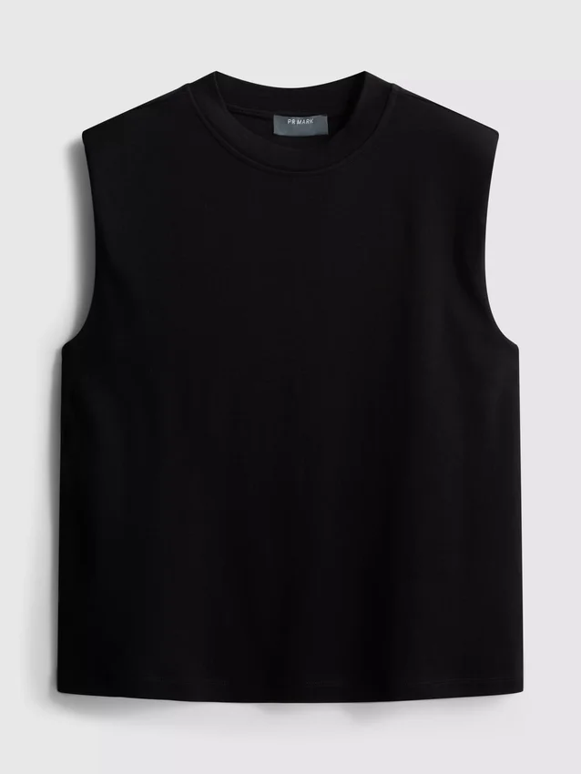 Kurzes, ärmelloses T-Shirt mit Schulterpolstern