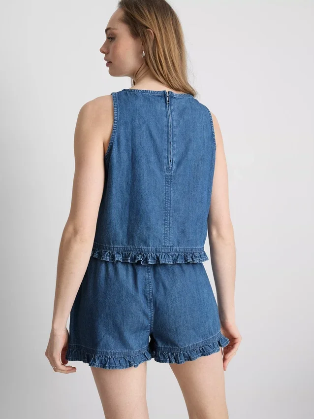 Kurzes Rüschen-Tanktop aus Baumwoll-Denim