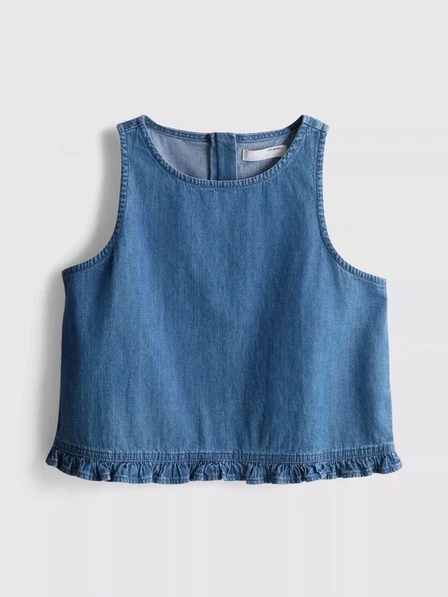 Kurzes Rüschen-Tanktop aus Baumwoll-Denim