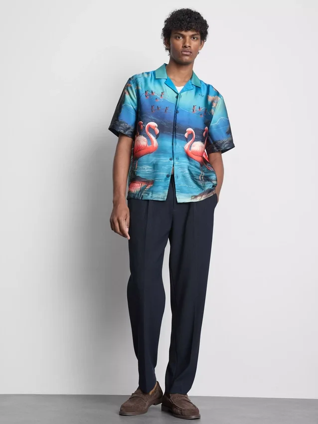 Kurzärmeliges Hemd mit Knöpfen und Flamingo-Print