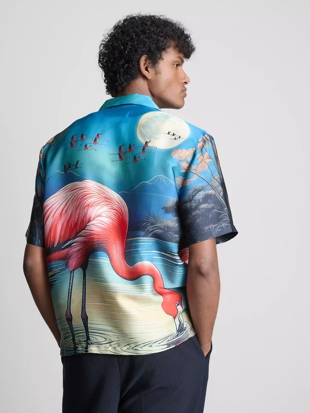 Kurzärmeliges Hemd mit Knöpfen und Flamingo-Print