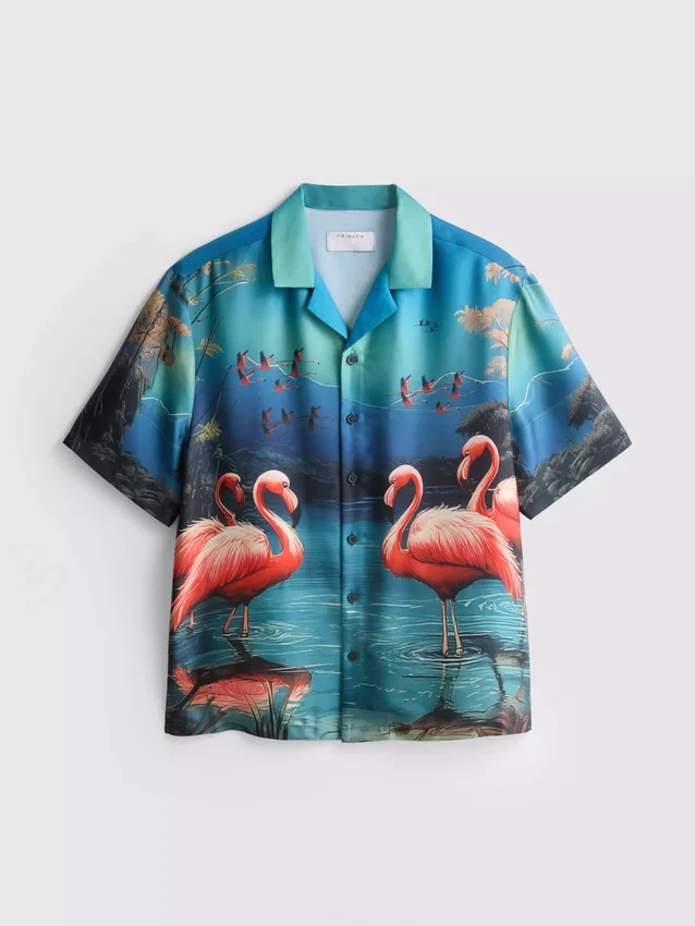 Kurzärmeliges Hemd mit Knöpfen und Flamingo-Print