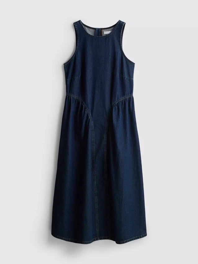 Midi-Kleid aus Baumwoll-Denim mit tief sitzender Taille