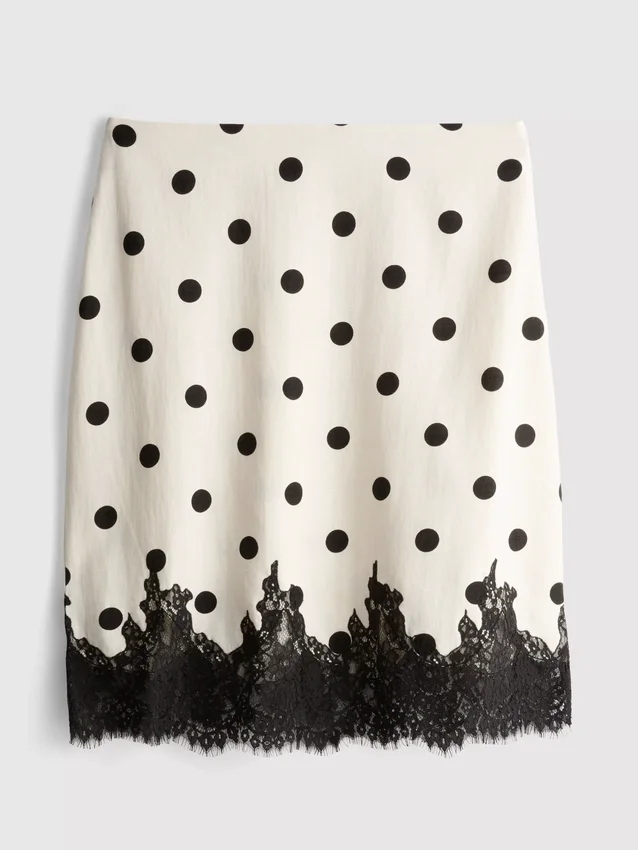 Midi-Rock aus Baumwollmischung mit Spitzenbesatz und Polka-Dots