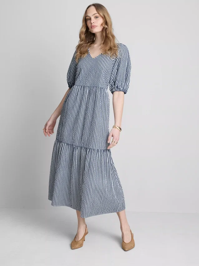 Midi-Smockkleid aus Baumwoll-Seersucker