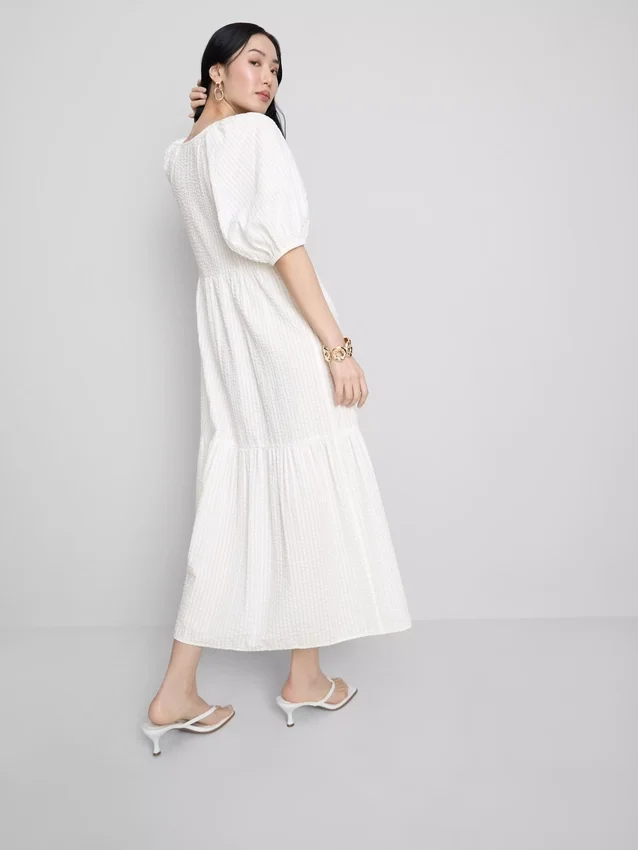 Midi-Smockkleid aus Baumwoll-Seersucker