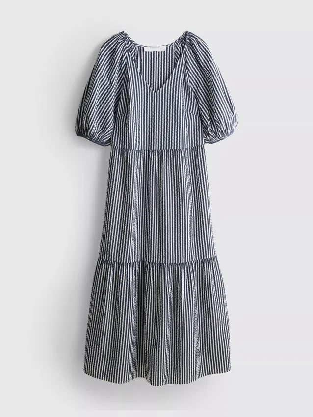 Midi-Smockkleid aus Baumwoll-Seersucker