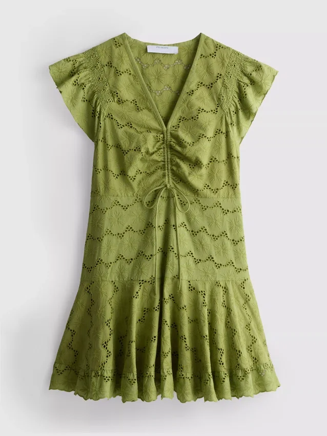 Mini-Kleid aus Baumwolle mit Lochstickerei und Rüschen