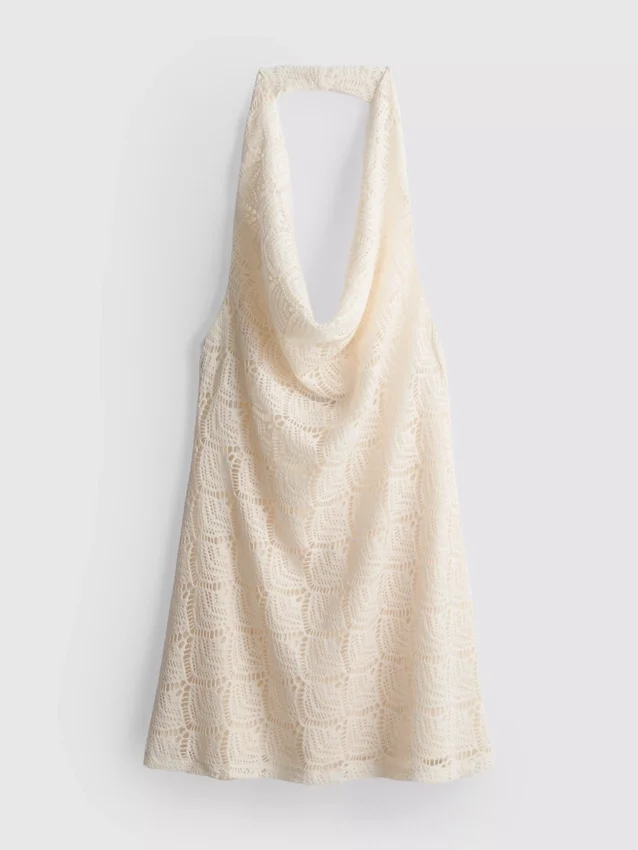Mini-Kleid mit Häkel-Halterausschnitt und Wasserfallkragen