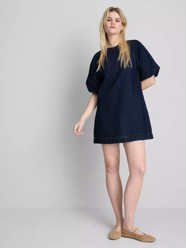 Minikleid aus Baumwoll-Denim mit Puffärmeln