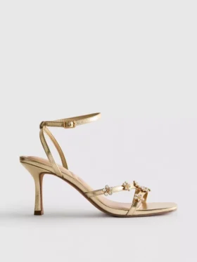 Sandalen mit High Heels in weiter Passform und Blumenmuster aus Strasssteinen