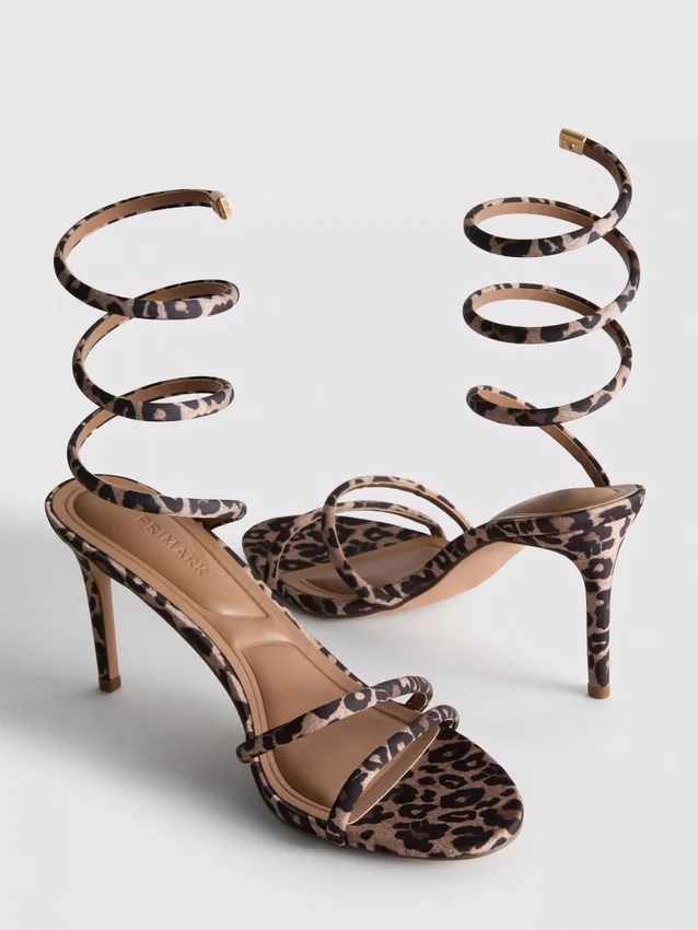 Sandalen mit Leopardenmuster und spiralförmigem Absatz