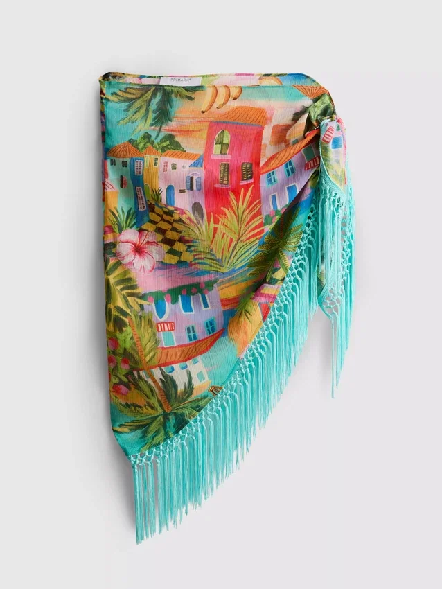 Sarong mit Fransen und tropischem Print
